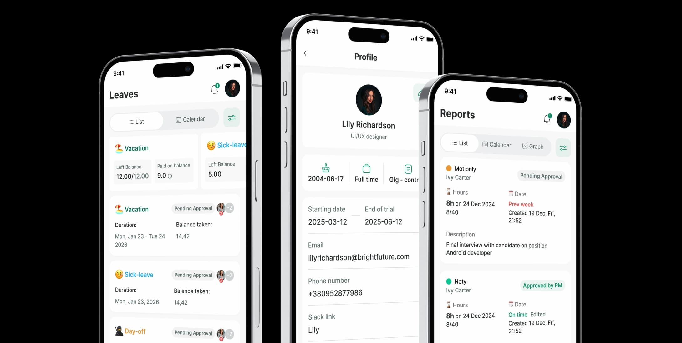 Kaban mobile app screens for reports, profile and leaves