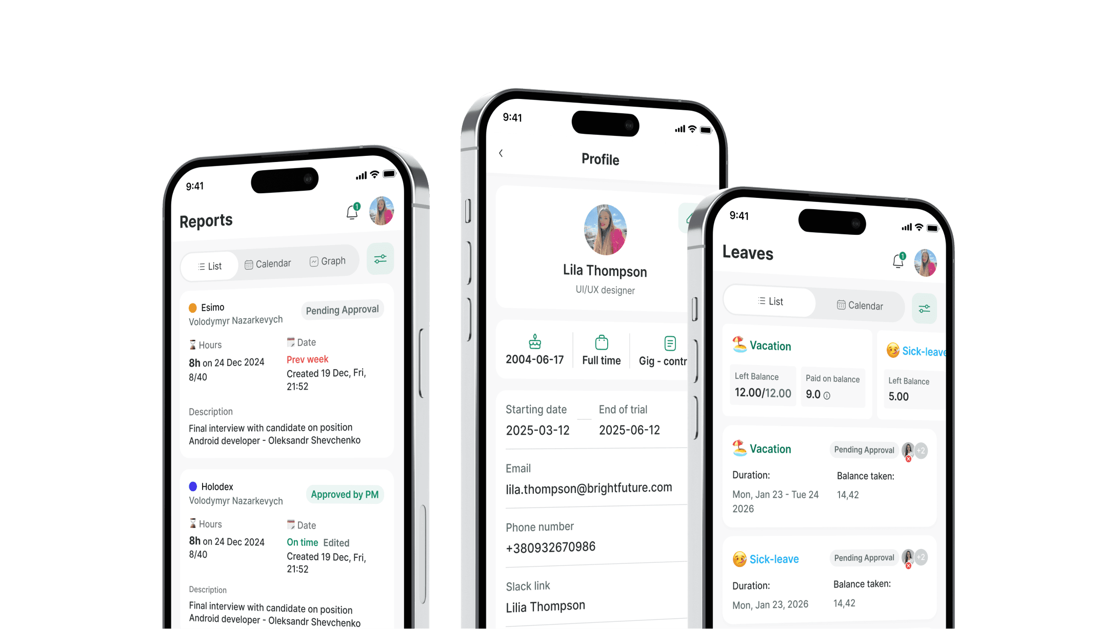 Kaban mobile app screens for reports, profile and leaves